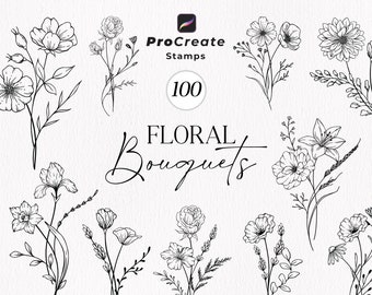 May include: Black and white line art floral bouquets. The image includes the text "Procreate Stamps" and "100". The words "Floral Bouquets" are written in a cursive font. The image features various floral designs.