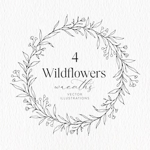 線画の野生の花のリース、花の線画、手描きのベクターイラスト、SVG、植物のリース