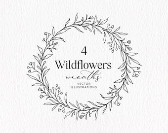Line Art Wildflowers Wreath, Floral Line Art, Hand Drawn Vector Illustration, SVG, Botanical Wreath