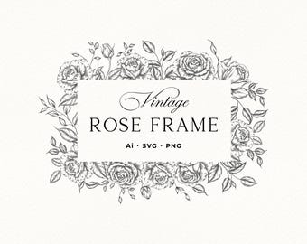 Hand Drawn Rose Frame SVG, Ai, PNG, Blue Chinoiserie Florals, Botanical Roses, Border Frame