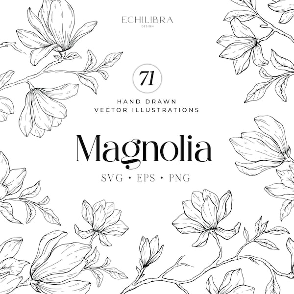 Magnolia Botanical Hand Drawn Vector Illustration, Clipart, SVG, Botanical Art, Magnolia Wreath, Commercial Use