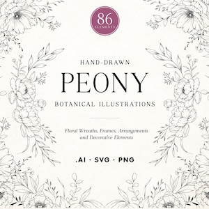 Op de afbeelding: Een digitale collectie van 86 handgetekende pioenroos botanische illustraties met zwarte florale kransen, kaders en arrangementen. De tekst luidt 86 ELEMENTS, HAND-DRAWN PEONY BOTANICAL ILLUSTRATIONS, Floral Wreaths, Frames, Arrangements and Decorative Elements, .AI .SVG .PNG.
