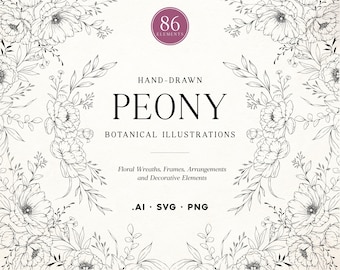 Peony Line Art: Hand-Drawn Floral Vector Graphics (SVG, PNG, .Ai)