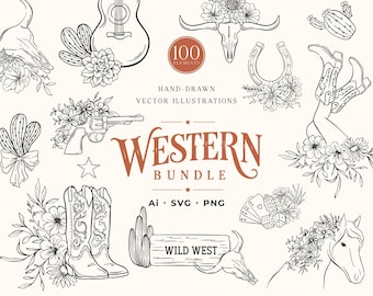 Western SVG Bundle, Hand-Drawn Cowboy, Floral Cowgirl, Horse, Cactus and Rodeo Clipart