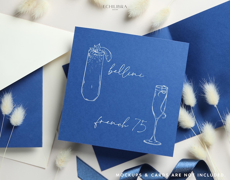 May include: A blue card with white text and illustrations of two cocktails. The text reads "Bellini" and "French 75".