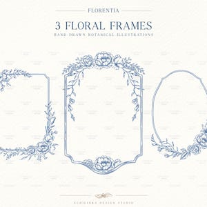 May include: Three blue ink hand-drawn botanical frames featuring floral illustrations. The text reads FLORENTIA, 3 FLORAL FRAMES, HAND-DRAWN BOTANICAL ILLUSTRATIONS, and ECHILIBRA DESIGN STUDIO. The frames are rectangular, ornate, and oval.