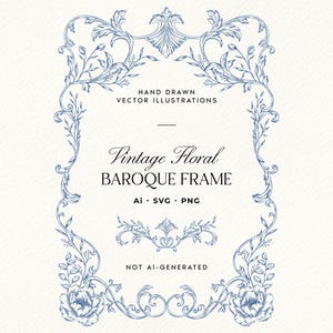 May include: A vintage floral baroque frame illustration in blue. The frame features hand-drawn vector illustrations with intricate floral and leaf designs. Text includes "Vintage Floral Baroque Frame" and "Hand Drawn Vector Illustrations". The image is labeled "Not AI-Generated".