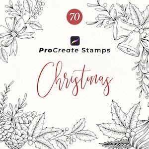 Może przedstawiać: Czarno-białe ilustracje dekoracji świątecznych, w tym kokarda, dzwonek, szyszka i bombka, rozmieszczone na obrzeżach obrazu. Tekst "Christmas" jest napisany kursywą, z logo Procreate Stamps i numerem "70".