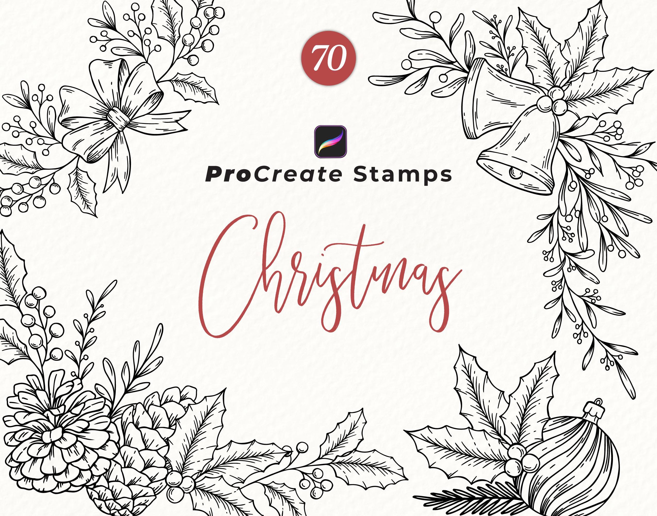 Procreate Christmas Stamp Brushes, Hand Drawn Christmas Stamps, Christmas Designs, Christmas Frames and Wreaths