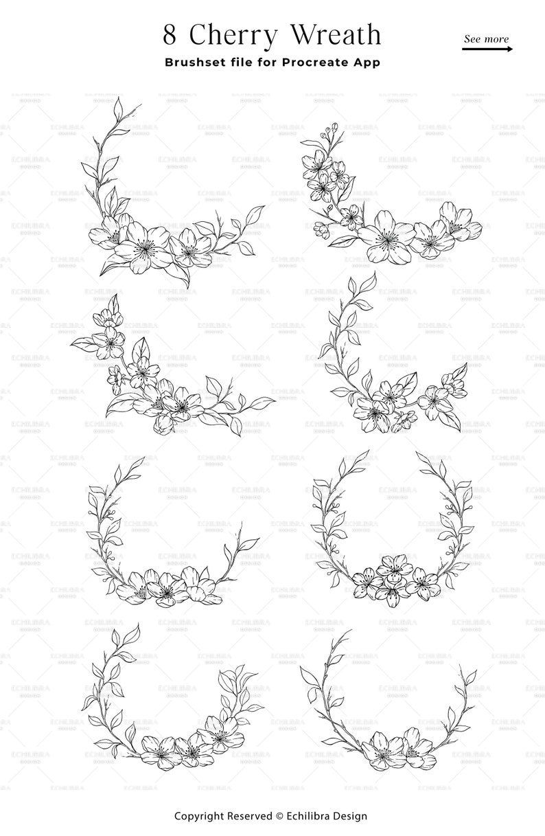 Procreate Cherry Blossom Stamp Brushes, Sakura Botanical Stamps, Hand Drawn Floral Stamps, Procreate Leaves, Cherry Floral Wreath image 3