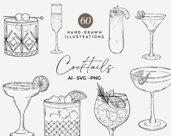 May include: A collection of black and white line art illustrations featuring various cocktail glasses, including coupes, flutes, and tumblers with garnishes. The text reads 60 HAND-DRAWN ILLUSTRATIONS, Cocktails, Ai, SVG, PNG, presented as a digital graphic.