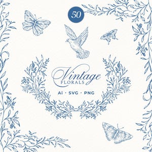 Vintage Floral Clipart Ai, SVG, PNG | Wedding Floral Designs, Botanical Crest, Blue Chinoiserie Hand Drawn Frames