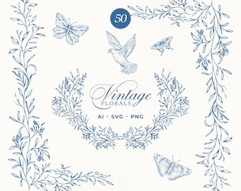 Vintage Floral Clipart Ai, SVG, PNG | Wedding Floral Designs, Botanical Crest, Blue Chinoiserie Hand Drawn Frames