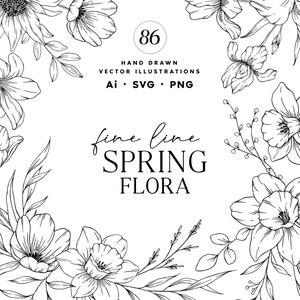 Dessin au trait fleurs de printemps, dessin botanique SVG, clipart floral, fleurs vectorielles dessinées à la main, usage Commercial