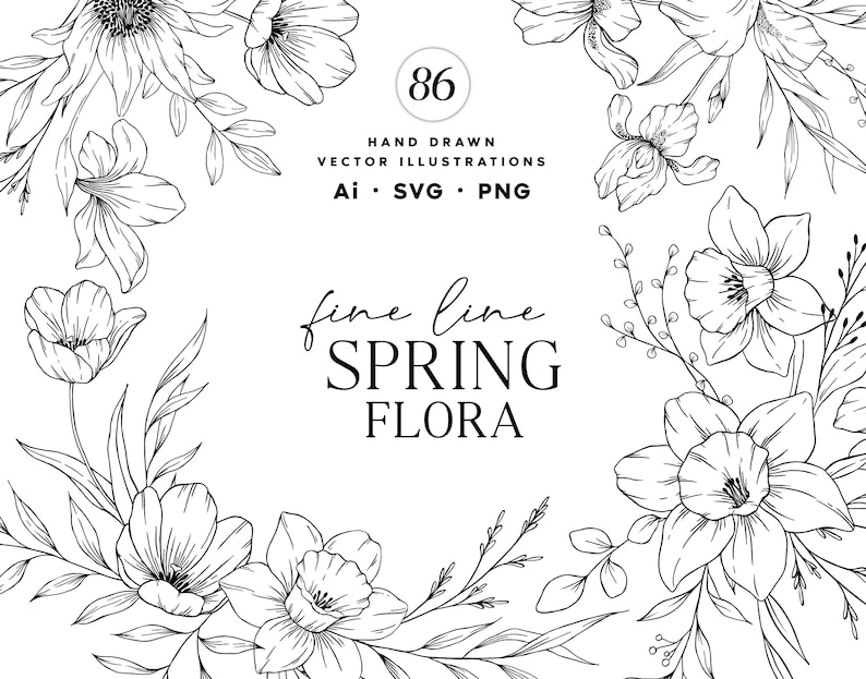 K&ouml;nnte beinhalten: Schwarz-wei&szlig;-Linienkunst-Illustration von Fr&uuml;hlingsblumen. Die Illustration zeigt Narzissen, Tulpen und andere florale Elemente. Der Text "fine line SPRING FLORA" ist im Bild enthalten.
