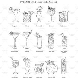 May include: A black and white line drawing illustration of 35 different types of drinks and cocktails. The drinks are drawn in various glasses and mugs. The names of each drink are listed below the image.