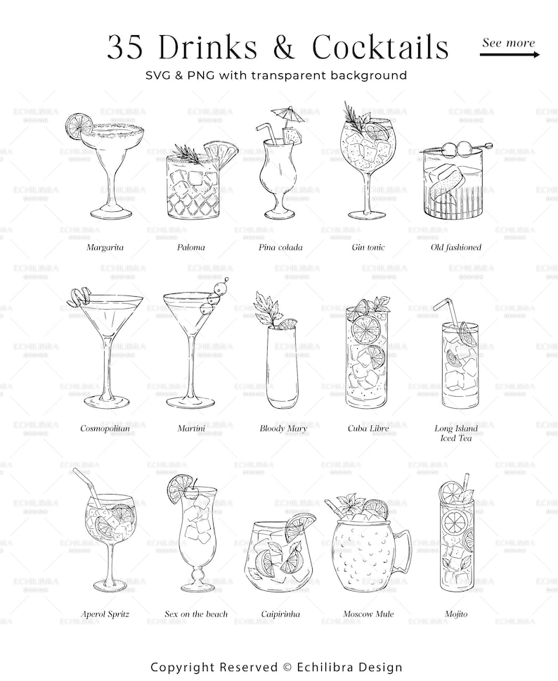 May include: A black and white line drawing illustration of 35 different types of drinks and cocktails. The drinks are drawn in various glasses and mugs. The names of each drink are listed below the image.