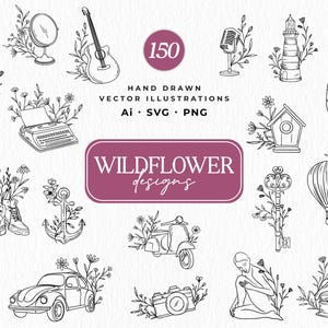 花の線画デザイン、植物の線画 SVG、野生の花のクリップアートデザイン、手描きのベクターの花、野生の花のバンドル