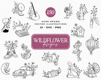 Wildflower Line Art SVG: Botanical Vector Flower Clipart (Digital Download)