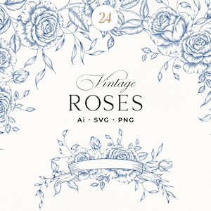 Pode incluir: Uma ilustração com rosas vintage azuis e folhagens em um fundo branco. O texto "Vintage Roses" é exibido em uma fonte elegante, com "Ai, SVG, PNG" abaixo. Uma faixa com rosas está na parte inferior.