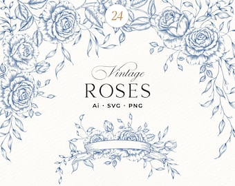 Vintage Hand Drawn Roses SVG, Ai, PNG, Blue Chinoiserie Florals, Botanical Crest, Wedding Frame Designs
