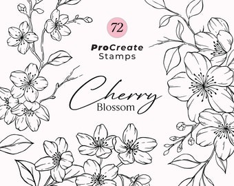 Procreate Cherry Blossom Stamp Brushes, Sakura Botanical Stamps, Hand Drawn Floral Stamps, Procreate Leaves, Cherry Floral Wreath