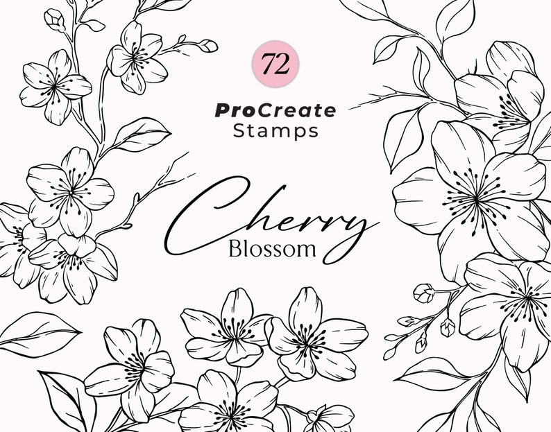 Procreate Cherry Blossom Stamp Brushes, Sakura Botanical Stamps, Hand Drawn Floral Stamps, Procreate Leaves, Cherry Floral Wreath image 1