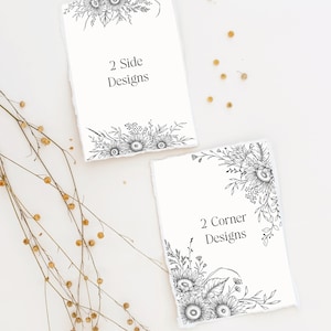 K&ouml;nnte beinhalten: Zwei druckbare Designs mit Schwarzwei&szlig;illustrationen von Sonnenblumen und Blattwerk. Das erste Design hat den Text "2 Side Designs" und das zweite Design hat den Text "2 Corner Designs".