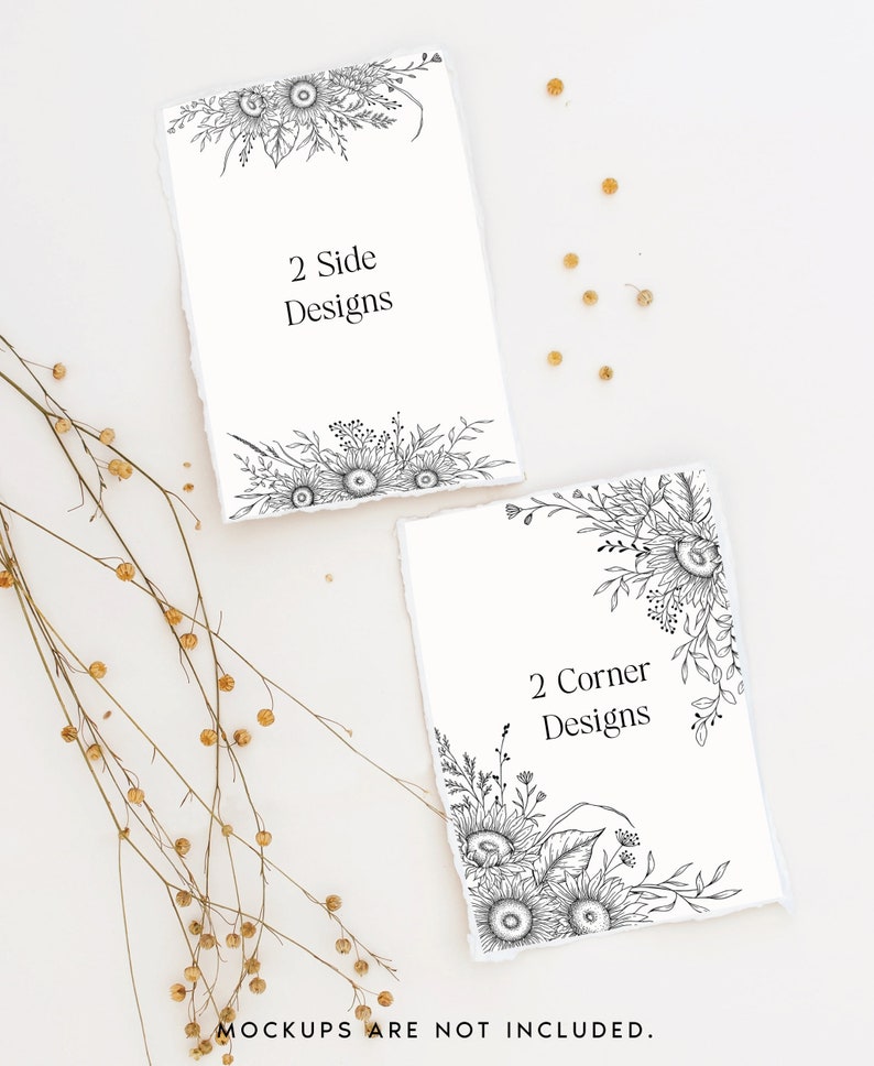K&ouml;nnte beinhalten: Zwei druckbare Designs mit Schwarzwei&szlig;illustrationen von Sonnenblumen und Blattwerk. Das erste Design hat den Text "2 Side Designs" und das zweite Design hat den Text "2 Corner Designs".