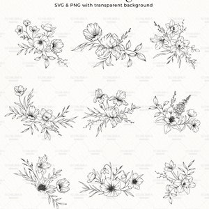 K&ouml;nnte beinhalten: Neun Schwarzwei&szlig;-Zeichnungen von Blumenarrangements. Die Blumen sind stilisiert und haben einen zarten, romantischen Charakter. Die Zeichnungen eignen sich perfekt f&uuml;r die Verwendung in Hochzeitseinladungen, Briefpapier oder anderen kreativen Projekten.