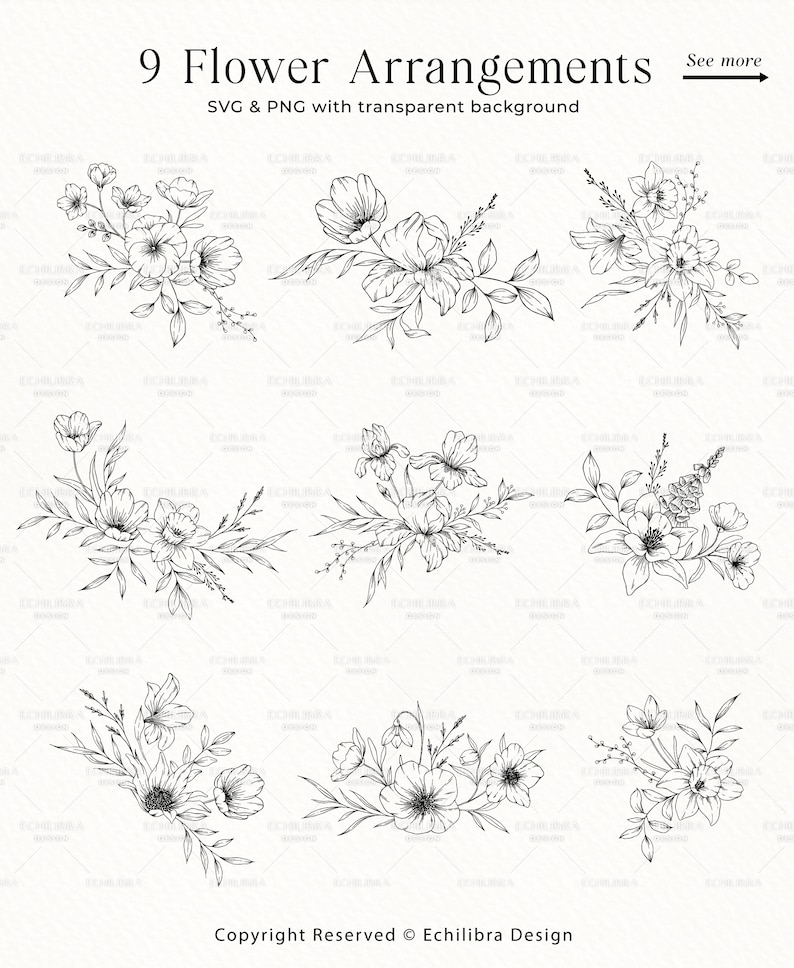 K&ouml;nnte beinhalten: Neun Schwarzwei&szlig;-Zeichnungen von Blumenarrangements. Die Blumen sind stilisiert und haben einen zarten, romantischen Charakter. Die Zeichnungen eignen sich perfekt f&uuml;r die Verwendung in Hochzeitseinladungen, Briefpapier oder anderen kreativen Projekten.