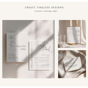 Puede incluir: Una colecci&oacute;n de papeler&iacute;a blanca con ilustraciones florales de l&iacute;neas negras y tipograf&iacute;a. Los art&iacute;culos incluyen una tarjeta Save the Date, una invitaci&oacute;n de boda para Taylor & Noah, un men&uacute; de bar y una tarjeta de Floramina Design Studio.