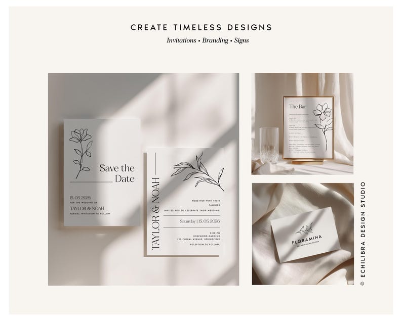 Puede incluir: Una colecci&oacute;n de papeler&iacute;a blanca con ilustraciones florales de l&iacute;neas negras y tipograf&iacute;a. Los art&iacute;culos incluyen una tarjeta Save the Date, una invitaci&oacute;n de boda para Taylor & Noah, un men&uacute; de bar y una tarjeta de Floramina Design Studio.