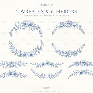 May include: A collection of blue ink botanical illustrations featuring two circular wreaths and six floral dividers. The text reads FLORENTIA, 2 WREATHS & 6 DIVIDERS, HAND-DRAWN BOTANICAL ILLUSTRATIONS, and ECHILIBRA DESIGN STUDIO on a light background.