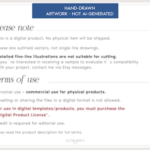 Puede incluir: Una tarjeta informativa blanca con texto negro titulada Please note y Terms of use. Indica que es un producto digital, no apto para corte, y detalla los derechos de uso, con un encabezado azul que dice HAND-DRAWN ARTWORK NOT AI-GENERATED.