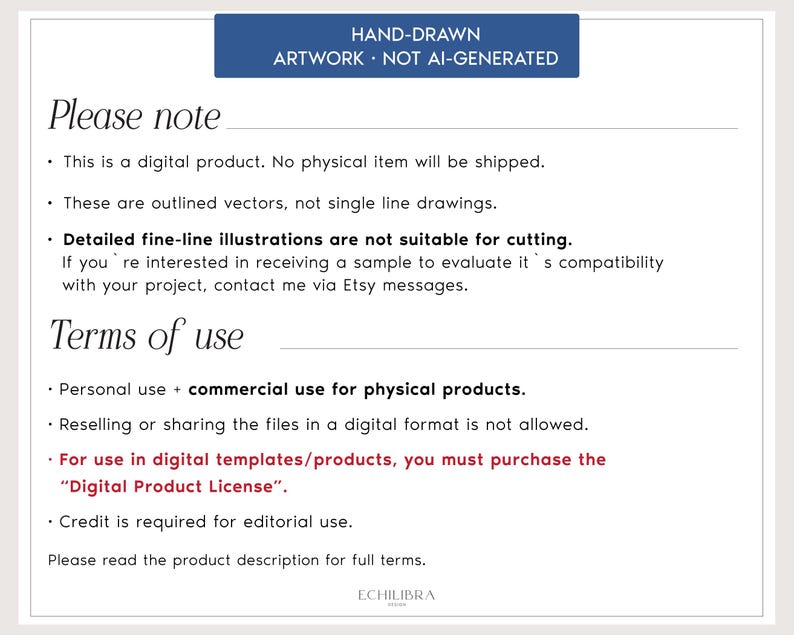 Puede incluir: Una tarjeta informativa blanca con texto negro titulada Please note y Terms of use. Indica que es un producto digital, no apto para corte, y detalla los derechos de uso, con un encabezado azul que dice HAND-DRAWN ARTWORK NOT AI-GENERATED.