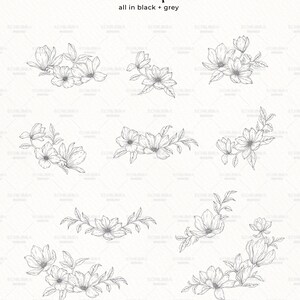 May include: Ten black and grey line drawings of bouquets of flowers. The flowers are stylized and resemble magnolia blossoms.