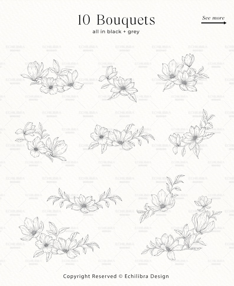 May include: Ten black and grey line drawings of bouquets of flowers. The flowers are stylized and resemble magnolia blossoms.