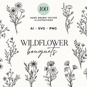 Mazzi di fiori selvatici SVG, pacchetto SVG, fiori vettoriali botanici, arte floreale lineare, clipart di bouquet di fiori selvatici, fiori monogramma SVG