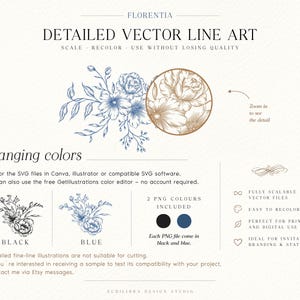 May include: A digital product display featuring detailed vector line art of floral arrangements. The image includes text labels such as FLORENTIA, DETAILED VECTOR LINE ART, Changing colours, BLACK, BLUE, and 2 PNG COLOURS INCLUDED, alongside icons.