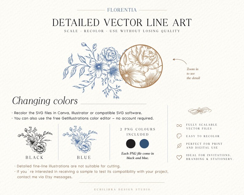 May include: A digital product display featuring detailed vector line art of floral arrangements. The image includes text labels such as FLORENTIA, DETAILED VECTOR LINE ART, Changing colours, BLACK, BLUE, and 2 PNG COLOURS INCLUDED, alongside icons.