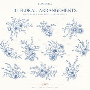 May include: A collection of 10 blue ink floral arrangements featuring hand-drawn botanical illustrations. The text FLORENTIA, 10 FLORAL ARRANGEMENTS, HAND-DRAWN BOTANICAL ILLUSTRATIONS, and ECHILIBRA DESIGN STUDIO is printed in blue on a light background.