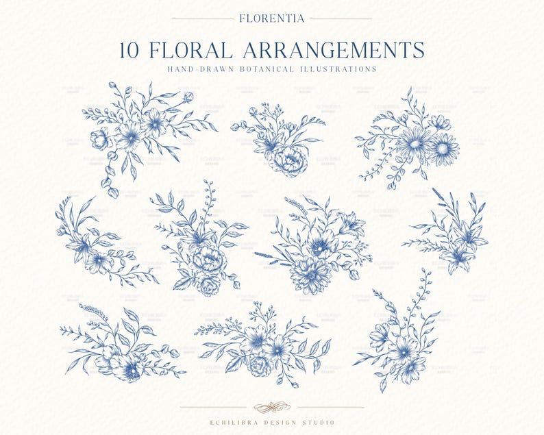 May include: A collection of 10 blue ink floral arrangements featuring hand-drawn botanical illustrations. The text FLORENTIA, 10 FLORAL ARRANGEMENTS, HAND-DRAWN BOTANICAL ILLUSTRATIONS, and ECHILIBRA DESIGN STUDIO is printed in blue on a light background.