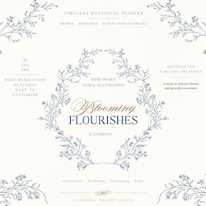 May include: A digital collection of hand-drawn floral illustrations titled Blooming Flourishes. The set includes 21 elements featuring blue botanical branches and frames on a cream background with text detailing file formats and usage.