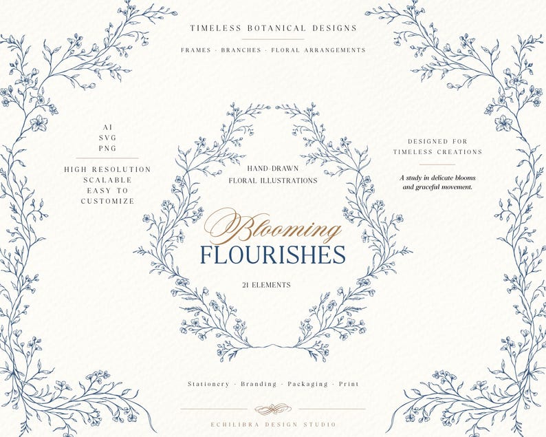 May include: A digital collection of hand-drawn floral illustrations titled Blooming Flourishes. The set includes 21 elements featuring blue botanical branches and frames on a cream background with text detailing file formats and usage.
