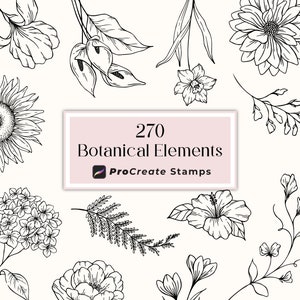 Könnte beinhalten: Eine Sammlung von 270 botanischen Elementen in Schwarzweiß für Procreate-Stempel. Das Bild zeigt eine Vielzahl von Blumen, Blättern und Stielen.