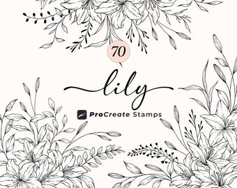 Procreate Floral Stamp Brushes, Procreate Botanical Lily Flowers, Hand Drawn Botanical Stamps, Lily Wreath, Procreate Greenery Stamps