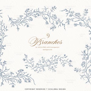 May include: A collection of nine dark blue line art botanical branches featuring delicate leaves and small flowers. The central text reads 9 Branches, AI, SVG & PNG with transparent background, and at the bottom, COPYRIGHT RESERVED ECHILIBRA DESIGN.