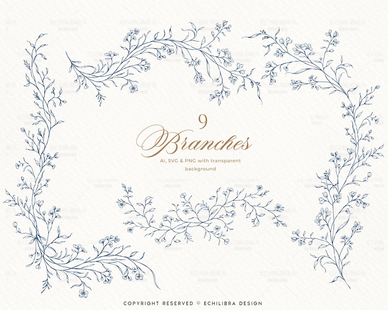 May include: A collection of nine dark blue line art botanical branches featuring delicate leaves and small flowers. The central text reads 9 Branches, AI, SVG & PNG with transparent background, and at the bottom, COPYRIGHT RESERVED ECHILIBRA DESIGN.