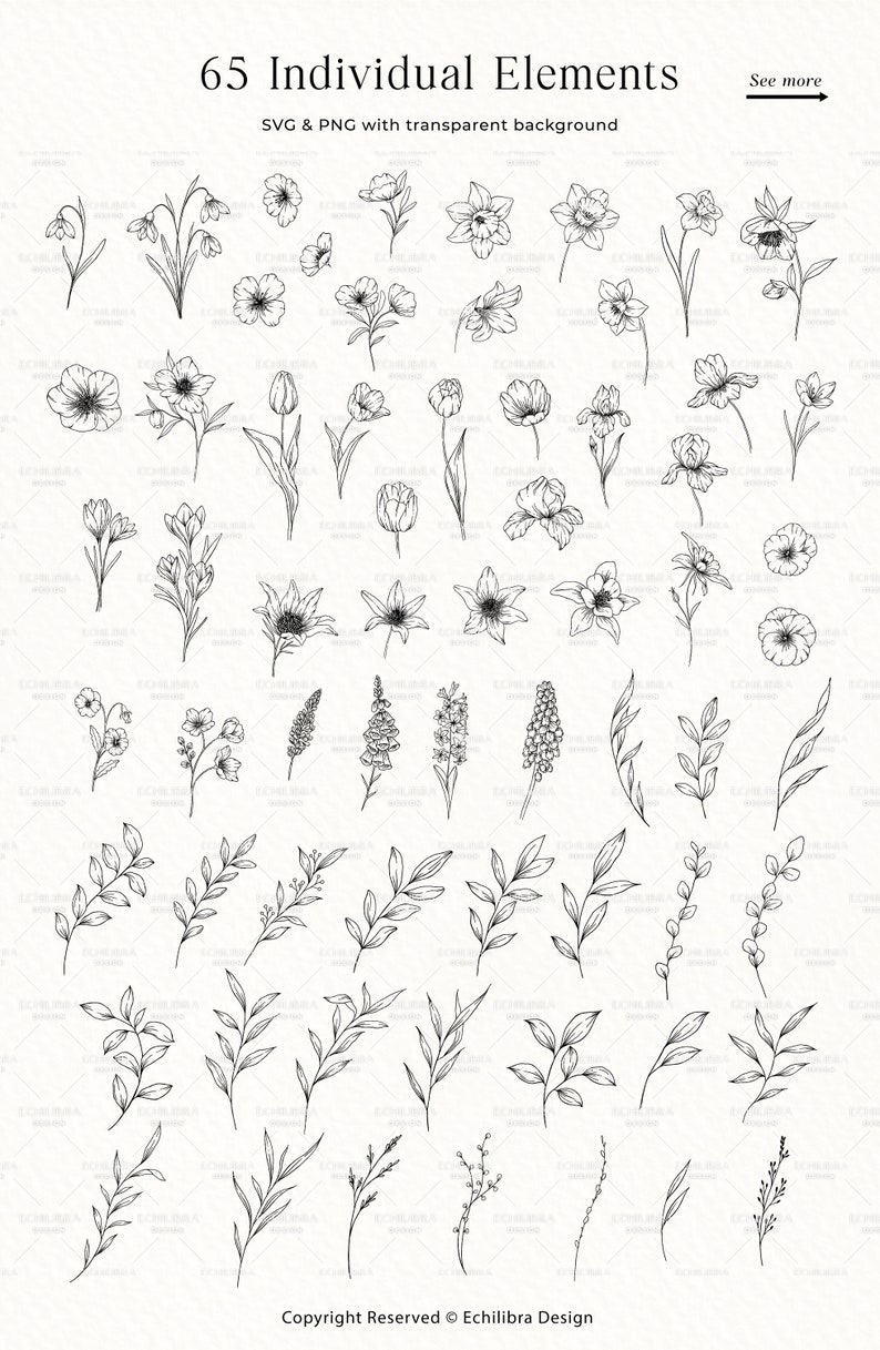 K&ouml;nnte beinhalten: Ein Set mit 65 einzelnen Schwarzwei&szlig;-Linienzeichnungen von Blumen und Bl&auml;ttern. Die Zeichnungen sind einfach und elegant und eignen sich perfekt f&uuml;r eine Vielzahl von kreativen Projekten.